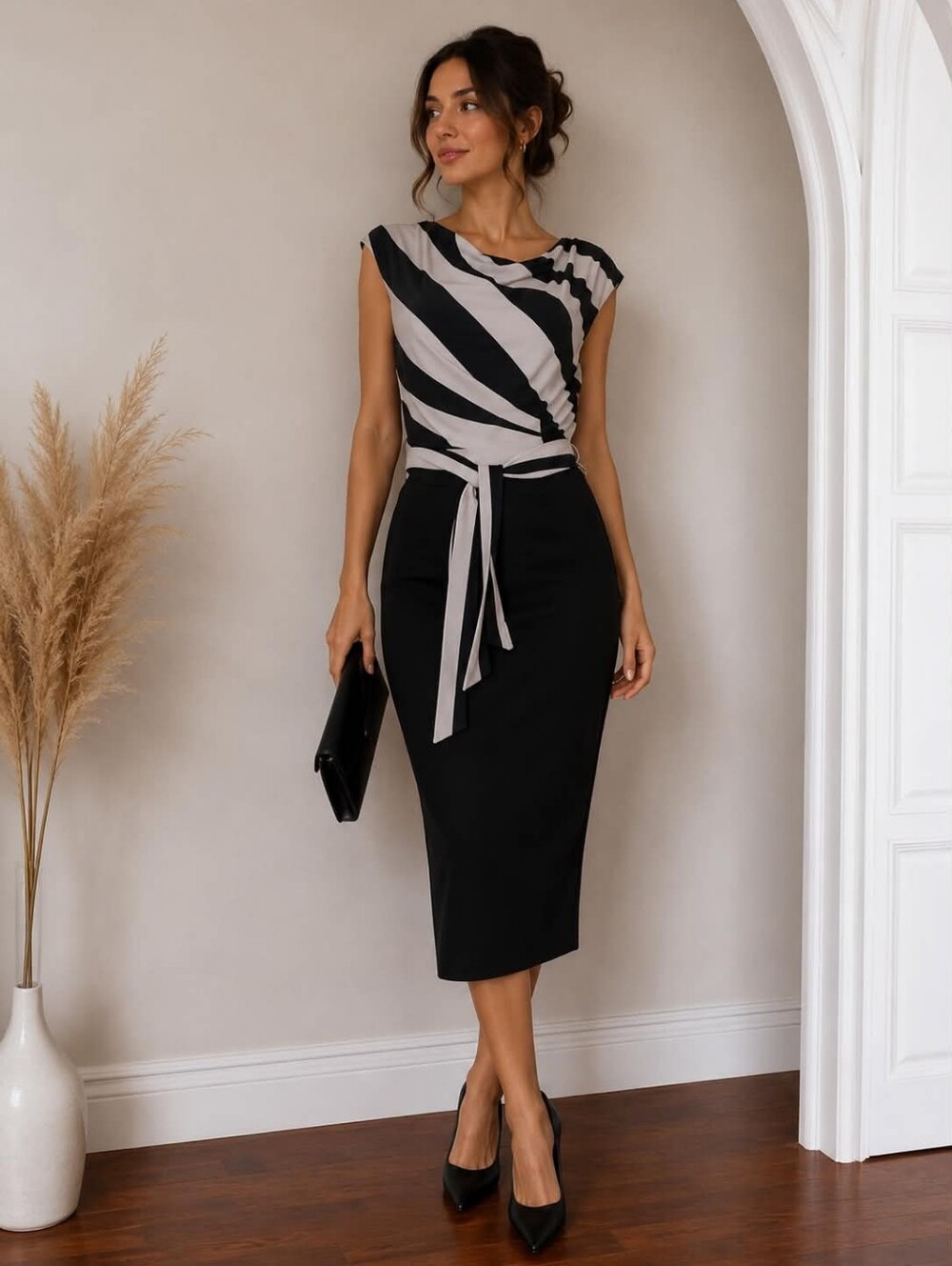 Frank Lyman Design Black and White Asymmetrical Wrap Dress